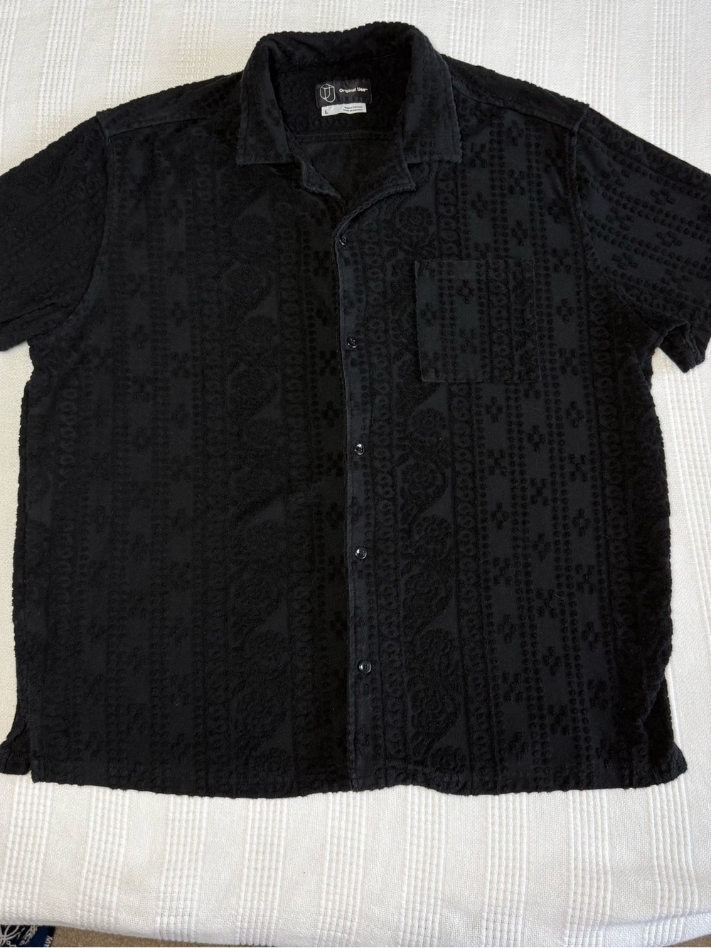 Original Use Black Jacquard Textured Terry Short Sleeve Button-Up